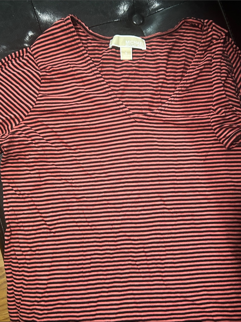 MICHAEL Michael Kors Coral and Black Striped V-Neck Short Sleeve Tee